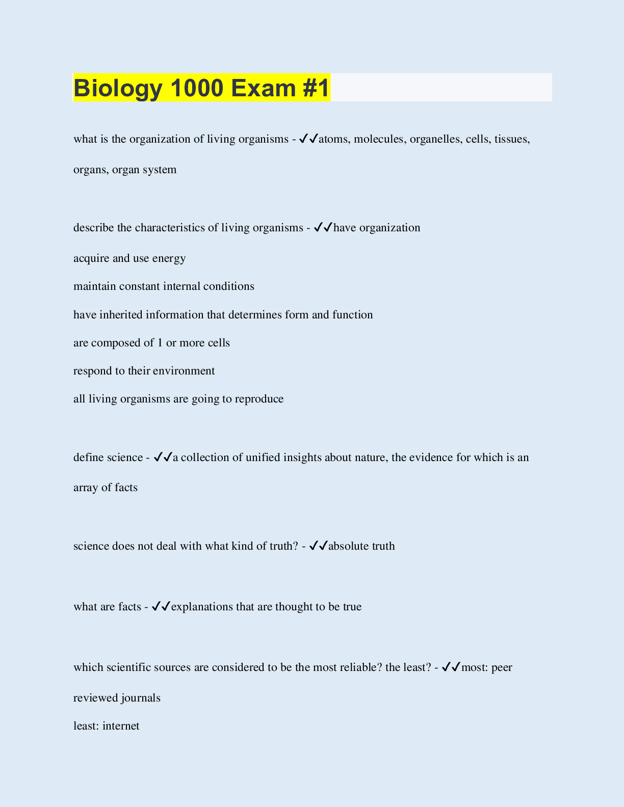 Preview image for Biology 1000 Exam #1  | 100 Questions with 100% Correct Answers | Updated 2023